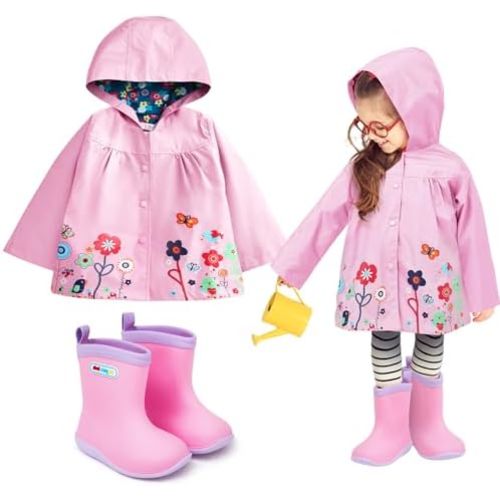 Twistover 2 Pcs Toddler Raincoat Rain Boots Set Kids Baby Cartoon Hoodie Zipper Jacket Short Rain Shoes for Little Boys Girls