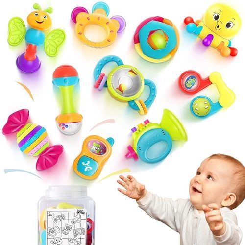 iPlay, iLearn 10pcs Baby Rattles Toys Set, Infant Grab Shake Rattle, Sensory Teether, Babies Development Learning Music Toy, Newborn First Birthday Gift 0 1 2 3 4 5 6 7 8 9 10 12 Month Boy Girl - 10 Pieces Set