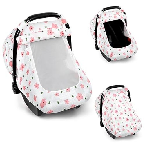 Hooyax Muslin Car Seat Cover Baby - Breathable and Privacy Car Seat Canopy with 3 Modes - Easy Install & Gift Box Packaging, Universal Fit for Infant Car Seats, Pink Flower