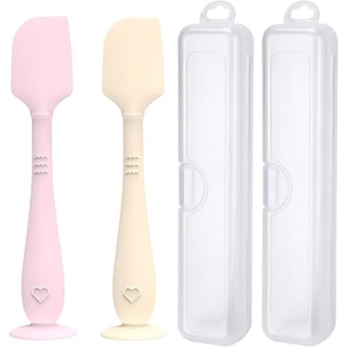 2 Pack Diaper Cream Spatula with Hygienic Travel Case, Butt Spatula Baby with Suction Base, Baby Butt Paste Spatula, Soft Silicone Diaper Rash Cream Applicator Large Size (Pink & Offwhite)