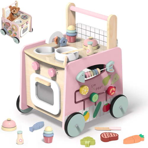 JQJQWooden Baby Walker 9-in-1 Activity Center with Toddlers Montessori Sensory Toys and Play Kitchen Push Walker for Kids with Wheels and Storage Space,