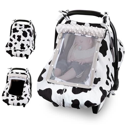 FIOBEE Baby Car Seat Cover, Car Seat Covers for Babies Infant Car Seat Canopy with Breathable Mesh Window Waterproof Carseat Cover for Babies Boy Girl 4 Seasons, White/Cow