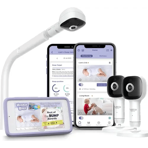 HUBBLE CONNECTED SkyVision Pro Twin AI-Enhanced HD Smart Baby Monitor, 2 Cameras, Parent Unit, Mounts, Smart Rollover & Cry Detection, AI Sleep Report, 2-Way Talk, Night Vision, Light & Sounds, App