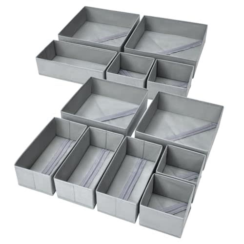 DIMJ Drawer Organizer Clothes, 12 Pack Dresser Organizer, Foldable Closet Organization and Storage Dividers, Fabric Dresser Drawer Organizers for Underwears, Nursery, Baby Clothes, Socks, Tie (Grey)