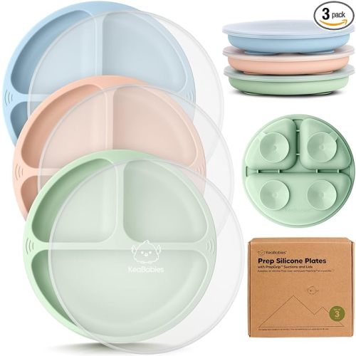KeaBabies Suction Plates with Lids for Baby - 3-Pack 100% Silicone Toddler Plates with Suction, Divided, BPA-Free Baby Led Weaning Essentials for Kids, Dishwasher, Microwave Safe, Durable (Mellow)