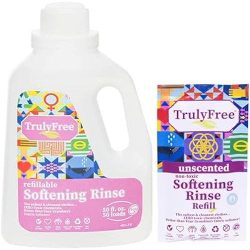 Truly Free Fabric Softening Conditioner for Clothes| Safe for Babies & Kids with Sensitive Skin | Plant-Based | Include 1 Refillable 50oz Bottle with Measuring Cap| Unscented (50 Loads)