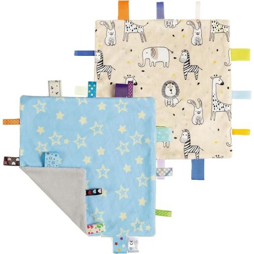 CREVENT Tag Security Blankets for Babies, Soft Small Loveys for Girls, Baby Comforter Sensory Blanket, Great Gifts for Birthday Baby Shower 10"X10" (Dinosaur+Blue)