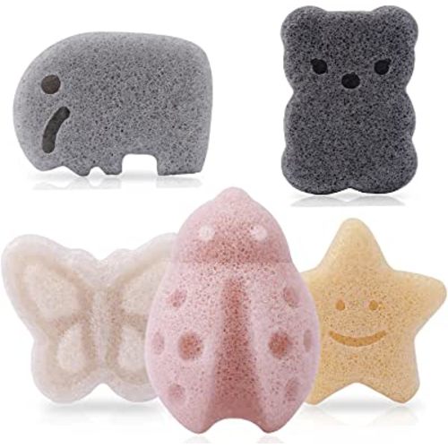 KECUCO Konjac Baby Sponge for Bathing, Natural Kids Bath Sponges for Infants, Toddler Bath Time, Cute Shapes Natural and Safe Plant-Based Konjac Baby Bath Accessories, 5pcs
