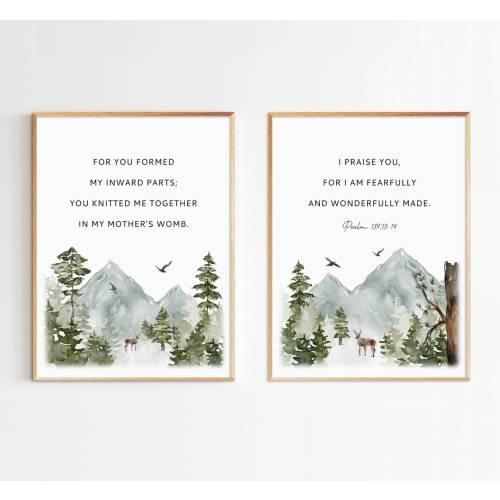 Psalm 139:13-14, I Am Fearfully And Wonderfully Made, Christian Baby Room Art, Nursery Home Decor, Woodland Prints, Set of 2 Print