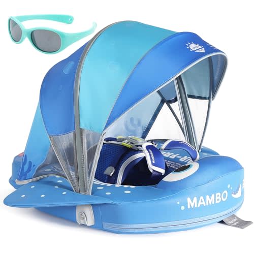 Mambobaby Float with Canopy and Tail New Upgraded Non-Inflatable Baby Pool Float Mambo Float Swim Trainer Solid Infant Swim Float Adjustable Pearl Foam Baby Swim Ring