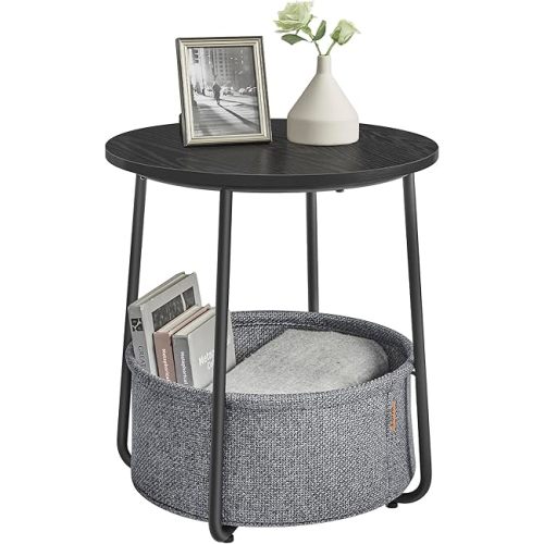 VASAGLE End Table, Small Bedside Table with Fabric Basket, Modern Nightstand, Round Side Table, for Living Room, Bedroom, Ebony Black and Slate Gray ULET223B01