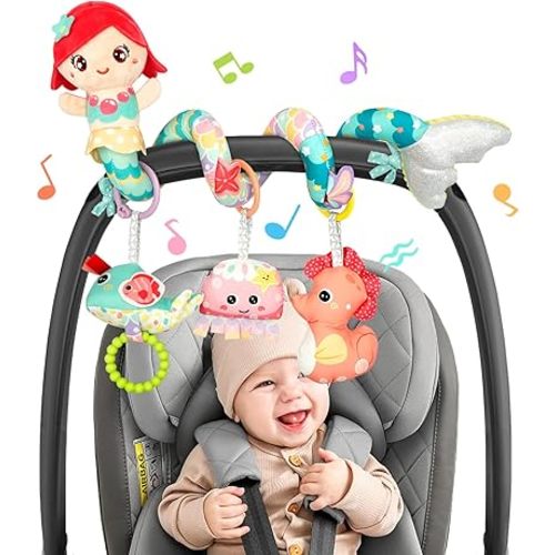 Carseat Toys Hanging Car Seat Toys for Babies 0-6 Months Boy Girl, Mermaid Stroller Toy Newborn Infant Sensory Baby Toy 0-6 Months with Music Rattle Teether, Gift for 0 3 6 9 12 Months