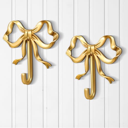 Lineshading 2 Pcs Gold Bow Knot Hooks Brass Bow Christmas Wall Door Hanger Towel Hooks Brass Coat Hanger Decorative Holder for Christmas Wedding Bathroom Living Room Kitchen Decor (S)