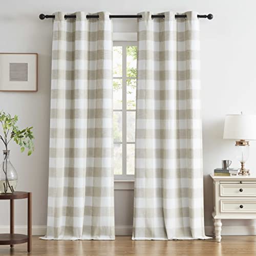 Buffalo Plaid Full Blackout Window Curtains 84 Inches Long Checkered Grommet Panels Farmhouse Geo Energy Efficient Drapes Noise Reducing Thermal Window Treatment Set for Bedroom Tan White,40"x84"x2