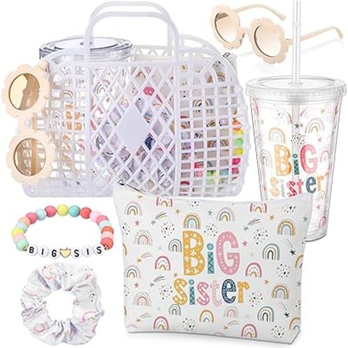 Sieral 6 Pcs Big Sister Gifts for Girls 15oz Big Sister Theme Tumbler Cute Makeup Bag Scrunchies Bracelet Sibling Gift Basket for Baby Birthday Baby Shower(Rainbow)