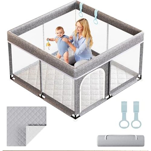 Baby Playpen with Mat 50x50inch - Indoor Safety Playpen for Babies and Toddlers with Mat, Soft Breathable Mesh, All-Wrapped Sponge, Sturdy Play Yard with Stable and Magic Sticker