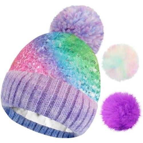 Kids Toddler Winter Beanie Hat with Pom Pom, Girls Warm Fleece Lined Knit Ski Cap for 2-6 Years, 2 Replaceable Pom Poms