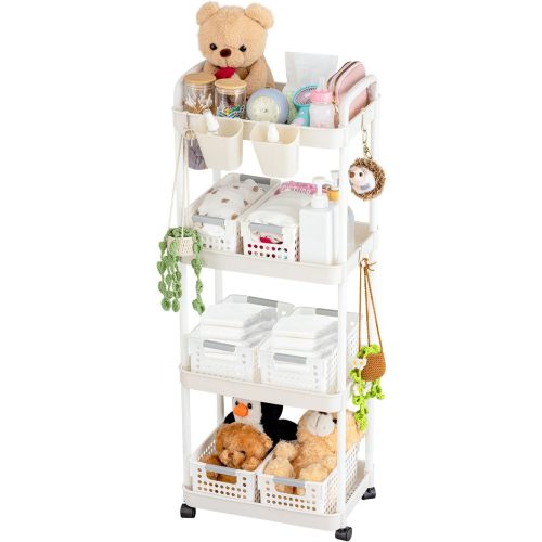 Layhit Baby Diaper Caddy, 41.73 Inch 4 Tiers White Plastic Movable Diaper Cart Organizer with Wheels Rolling Essentials Nursery Cart for Newborn Changing Table Crib Items Stuff Girl Boy Room Storage