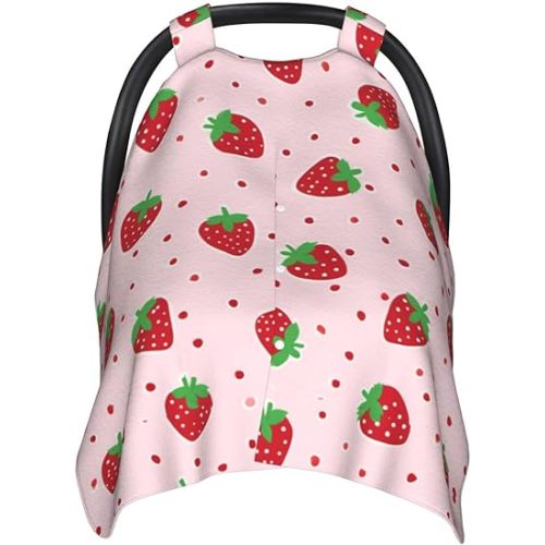 KiuLoam Pink Dots Strawberry Baby Car Seat Canopy, Nursing Cover for Mom Breastfeeding Scarf, Infant Car Seat Cover/Multiuse Baby Stroller Covers for Babies Boys Girls