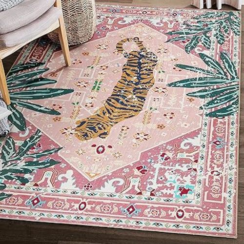 Washable Pink Rugs Boho Vintage Tropical Jungle 6x9 Area Rugs Jungle Oriental Carpet for Bedroom Kitchen Dining Living Room Office Distressed Indoor Cute Nursery Rug