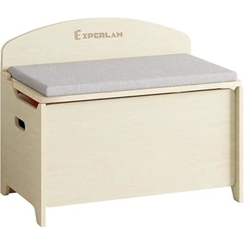 Toy Box and Toy Storage, Wooden Toy Box for Boys and Girls, Toy Chest with Cushion Seat and 2 Safety Hinges, Toy Storage organizer for Nursery, bedroom, Living Room, Playroom