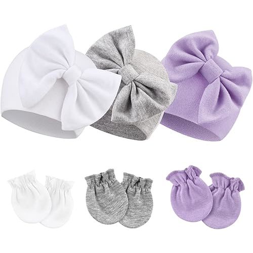 BQUBO Newborn Girls Hats Baby Hat and Mittens Set Infant Caps Bow Hospital Beanie with No Scratch Mittens for Baby Boys Girls