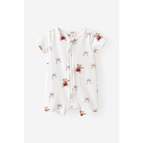 Growie Short Sleeve Zip All In One Romper - Color: vanilla/cherry-bow bear 0-3 months