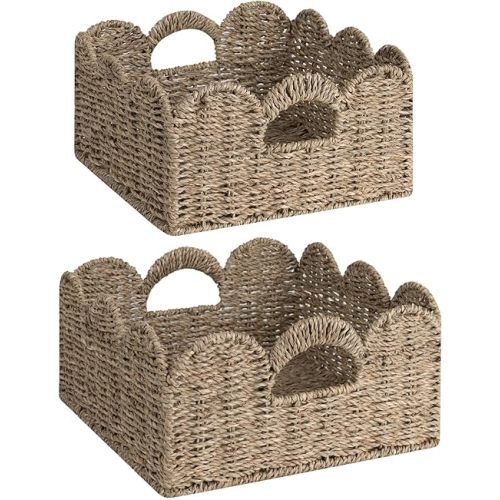 StorageWorks Scalloped Wicker Basket, Nursery Basket with Handles, Woven Rattan Baskets for Organizing, Scalloped Edge Basket Shelf Decorative, Seagrass Storage Baskets Bathroom Living Room, Set of 2