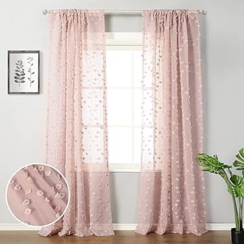 MYSKY HOME Pom Pom Pink Sheer Curtains for Bedroom Girls Room Dusty Rose Curtains for Nursery Kids Light Filtering Boho Window Drapes, Rod Pocket, 52 x 95 Inches, 2 Panels