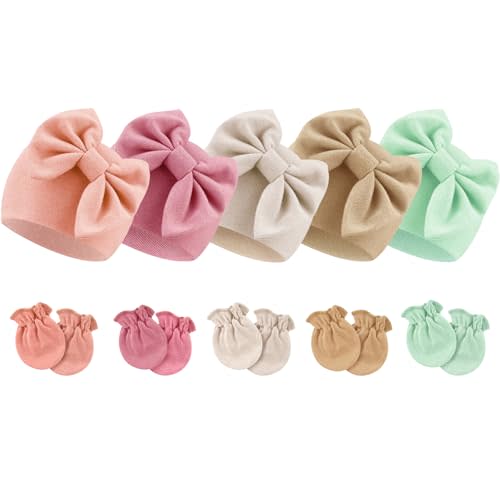 BQUBO Newborn Baby Girls Hats Mittens Set Hospital Hat Beanie Infant Bow Hats Baby Cotton Gloves for 0-6 Months