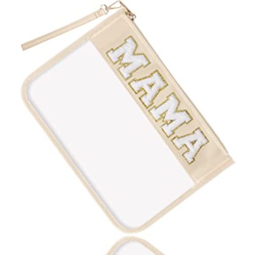 izuzta Chenille Letter Clear Bag Mama Purse Pouch, Monogram PVC & PU Clear Zipper Pouch with Wristlet, Waterproof Portable Glitter Snacks Makeup Beach Pouch Toiletry Bag for Women Girls (MAMA-Beige)
