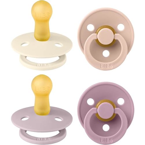 BIBS Pacifiers - Colour 4 Pack | Round Nipple Baby Pacifier | BPA Free Natural Rubber Latex Soother | Made in Denmark | Size 6-18 Months | Girl Colors