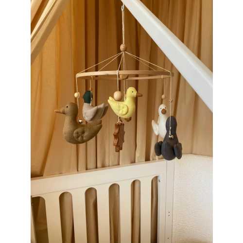Wooden mobile with ducks for newborn, Linen toys, yellow , green, beige , white ducks , wooden crib toy, baby shower gift
