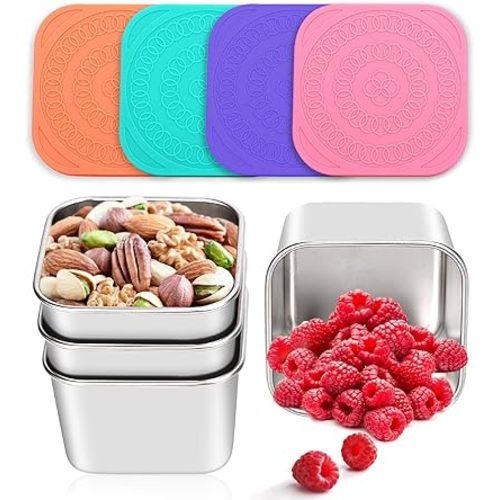 Haldane Snack Containers for Kids and Toddlers, Stainless Steel Lunch Boxes for Kids, Leak-Proof Small Food Containers with Lids, Metal Snack Boxes for Daycare Schools, Easy Open Stackable,6oz*4