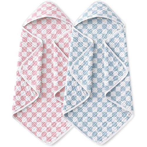 Yoofoss Hooded Baby Towels for Newborn 2 Pack 100% Muslin Organic Cotton Baby Bath Towel with Hood for Babies, Infant, Toddler and Kids, 32x32Inch, Soft and Absorbent, Pink Blue Checkered