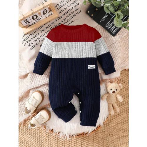 SHEIN 1pc Baby Boys Colorblock Round Neck Long Sleeve Romper