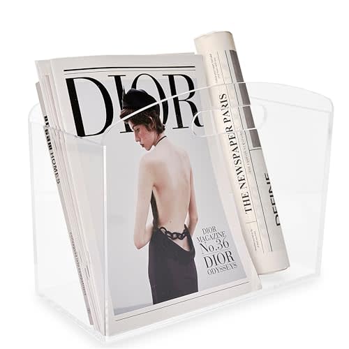 Meicloud Magazine Rack - Clear Acrylic Magazine Holder, Acrylic Newspaper Stand Organizer with handles, Modern Lucite Magazine and Book Basket Box for Bathroom, Bedroom, Living Room and Office