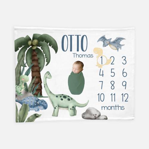 Dinosaur Baby Milestone Blanket, Baby Boy Milestone Blanket, Personalized Baby Blanket, Monthly Baby Blanket, Dinosaur Nursery Theme B50
