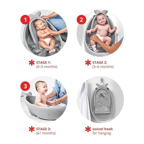 Skip Hop Baby Bath Tub, 3-Stage Smart Sling Tub, Moby, Grey - Grey Tub