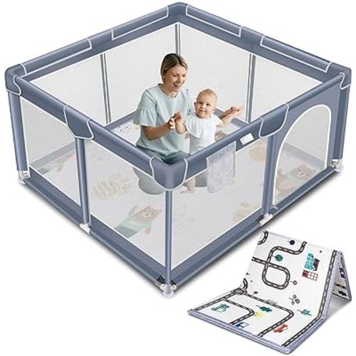 Suposeu Baby Playpen with Mat, Portable Baby Play Yard for Toddler, Safety Baby Gate playpen with Soft Breathable Mesh, Indoor and Outdoor, Large Kids Activity Centery (50 Inch×50 Inch, Grey)