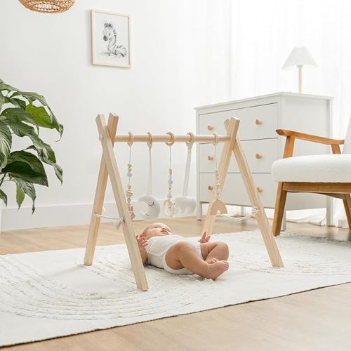 Wooden Baby Playgym, Interactive Activity Center Hanging Bar with Gym Toys, Foldable for Infants, Newborn Gift for Baby Girl and Boy