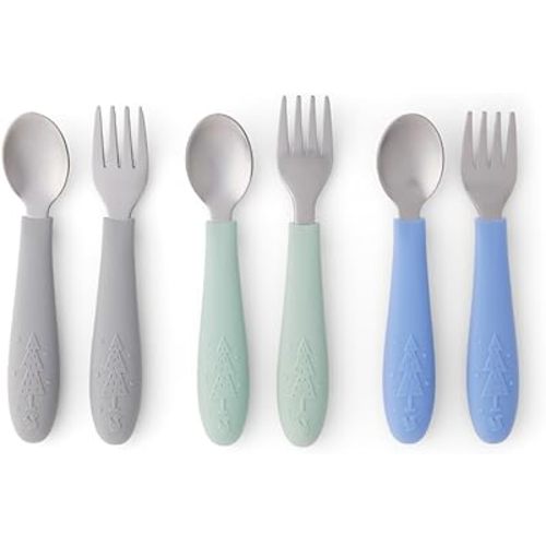 Elk and Friends Kids Silverware with Silicone Handle | Childrens Safe Flatware | Toddler Utensils | Baby Spoons + Forks | Stainless Steel Cutlery