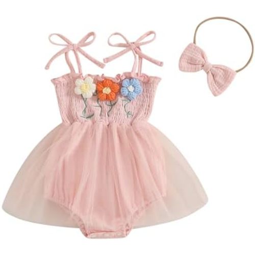 Omkzanbi Baby Girl Summer Clothes 3D Flower Embroidery Romper Tutu Dress Tulle Bodysuit Bow Cute Spring Jumpsuit Cake Smash