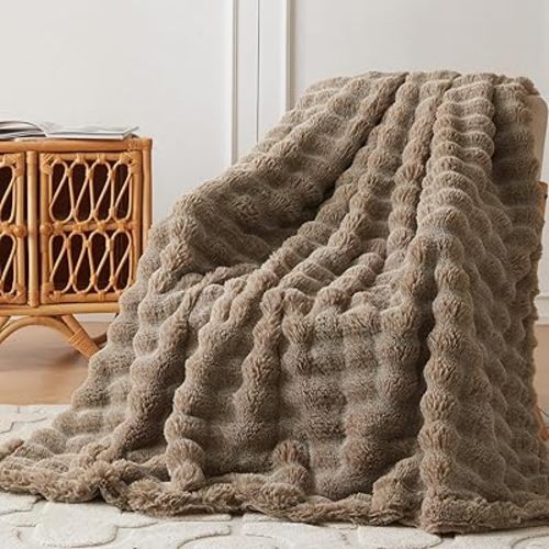 COOVA Faux Fur Throw Blanket for Couch, Cozy Soft and Fuzzy Plush Rabbit Fur Bubble Blanket for Sofa Bedroom Living Room, 60x80 Inches Cationic Brown