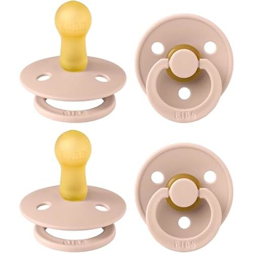 BIBS Colour Pacifier 4-Pack, BPA Free Dummy Pacifier, Round Nipple. Natural Rubber Latex, Made in Denmark, Size 1 (0-6 Months), Blush