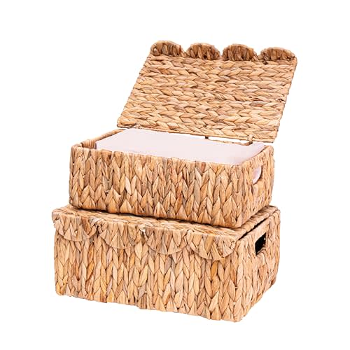 LUSYDECO Scalloped Edge Wicker Basket with Lids, Rectangle Wicker Storage Basket with Built-in Handles, Multipurpose Organizer Rattan Display Boxes for Shelf, Nursery Room, Set of 2