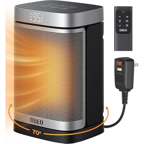 Dreo Space Heater for Bathroom and Indoor, Portable Heater, 1500W Safe and Quiet PTC Ceramic Heater, 40-95°F Digital Thermostat, 70°Oscillating, Remote, ALCI Safety Plug, 12h Timer, 5 Modes
