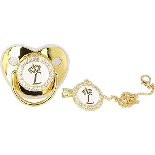 Golden Letter Baby Pacifier, Personalized Bling Pacifier with Pacifier Clips and Anti-Dust Cover for Baby Shower Newborn Birthday Photography (L)