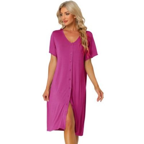 cheibear Women's Nightgown Button Down Short Sleeve Soft Modal Loose Pajama Sleepshirt Purplish Red Small