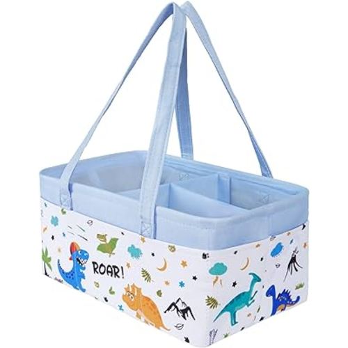 WERNNSAI Dinosaur Diaper Caddy - Collapsible Nursery Organizer for Boy Infant Baby Shower Gifts Large Blue Storage Basket for Changing Table Car Travel Living Room Newborn Essentials Must Have Dots